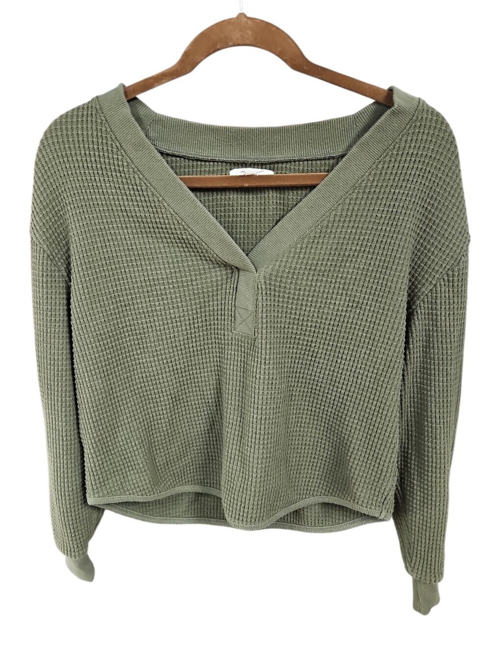 Madewell Dark Green Waffle Ribbed Cotton Blend V-Neck Oversized Top Sz XS